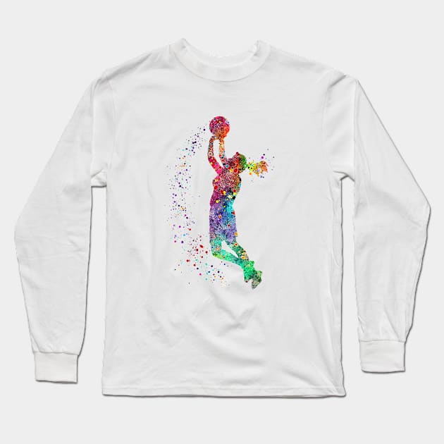 Girl Basketball Painting Watercolor Art Print Sports Gifts Long Sleeve T-Shirt by LotusGifts